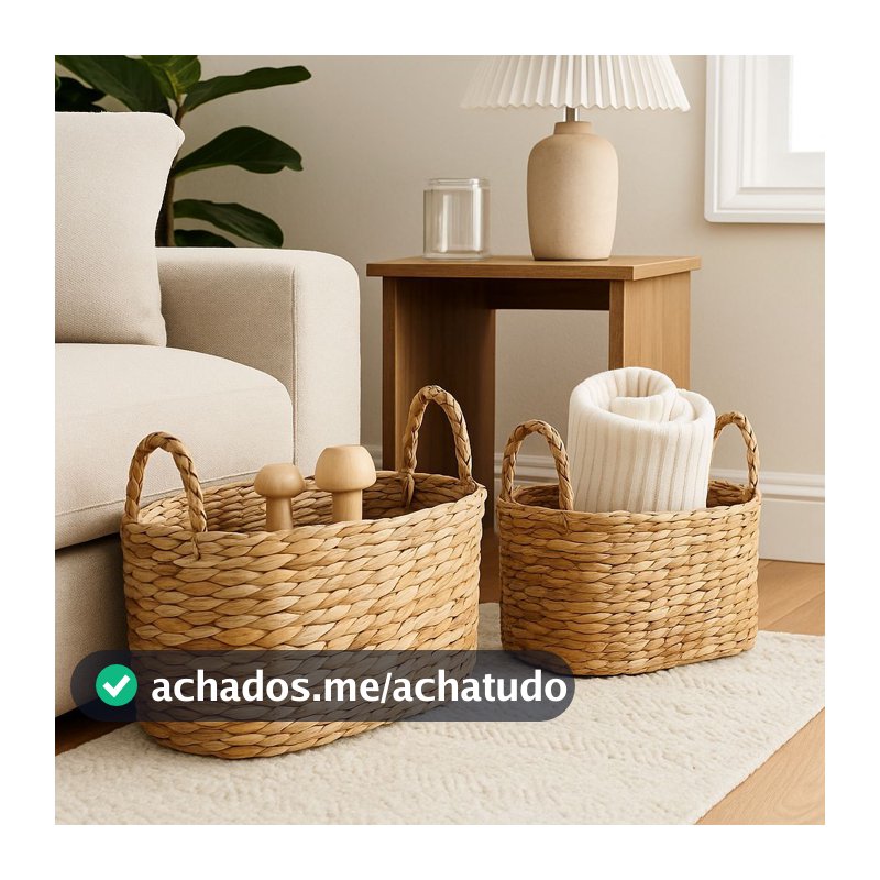 Cesto Organizador de Palha Natural Taboa com Alça – Kit 2 Unidades Rústico Artesanal Decorativo Multiuso para Banheiro S