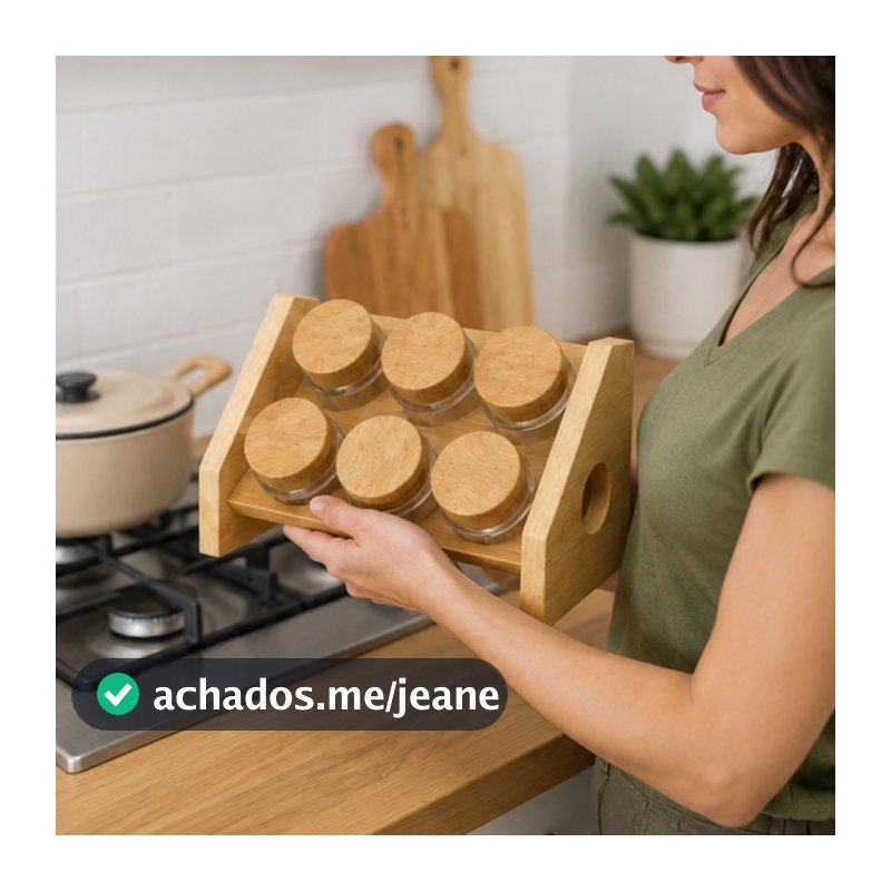 Kit Porta Temperos Condimentos Hermético com Suporte de Bambu Potes Tempero Tampa Organizador para Cozinha