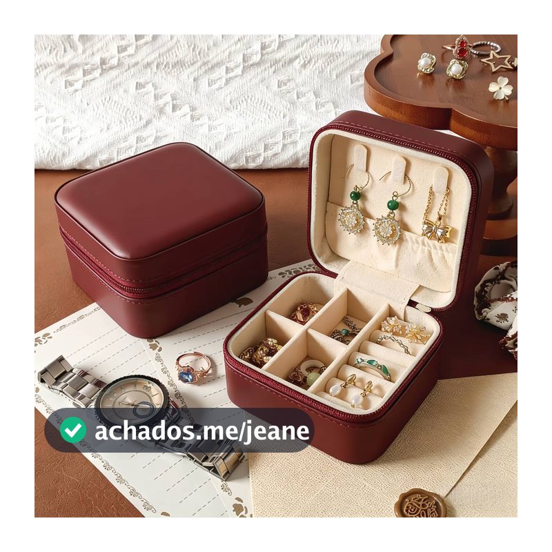 Porta-Joias de Couro Mini, Portátil e Duplo Camada | Organizador Multifuncional