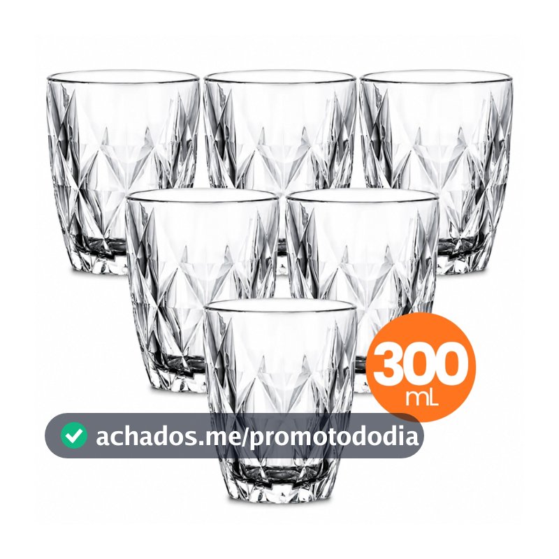 Jogo 6 Copo Vidro Diamond 300ml Conjunto Mesa Posta Água Suco Cozinha Decoração Presente