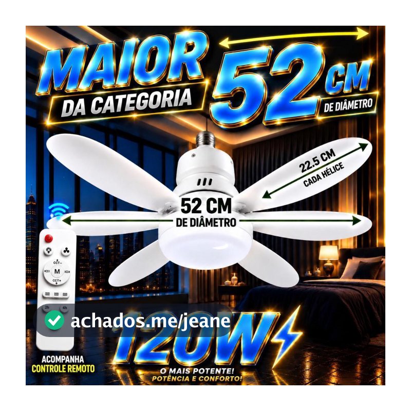 Ventilador Lâmpada de led 2 em 1 com 120w de potencia e 52 Centímetro bivolt com controle remoto