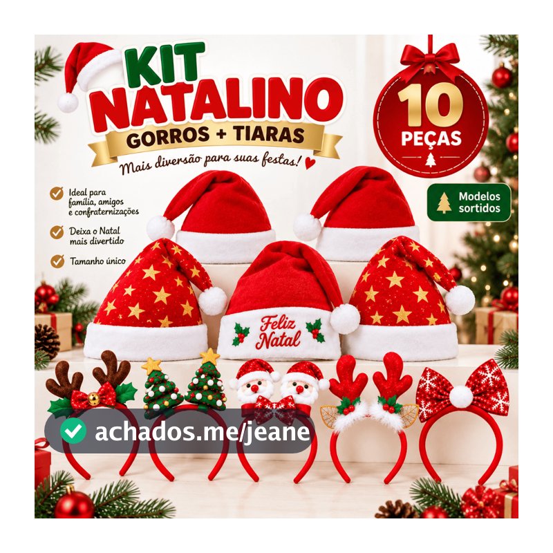 Kit Natalino 10 Peças 5 Gorros Papai Noel + 5 Tiaras de Natal Sortidas