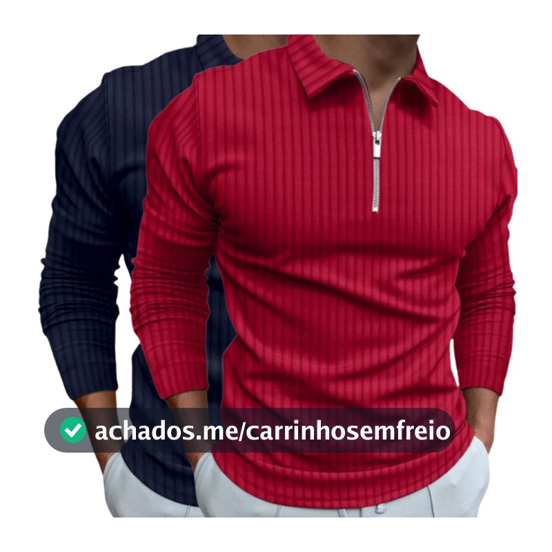 Kit 2 Camisetas Polo Manga Longa Camisa Com Ziper Masculina Malha Canelada Camiseta Camisa