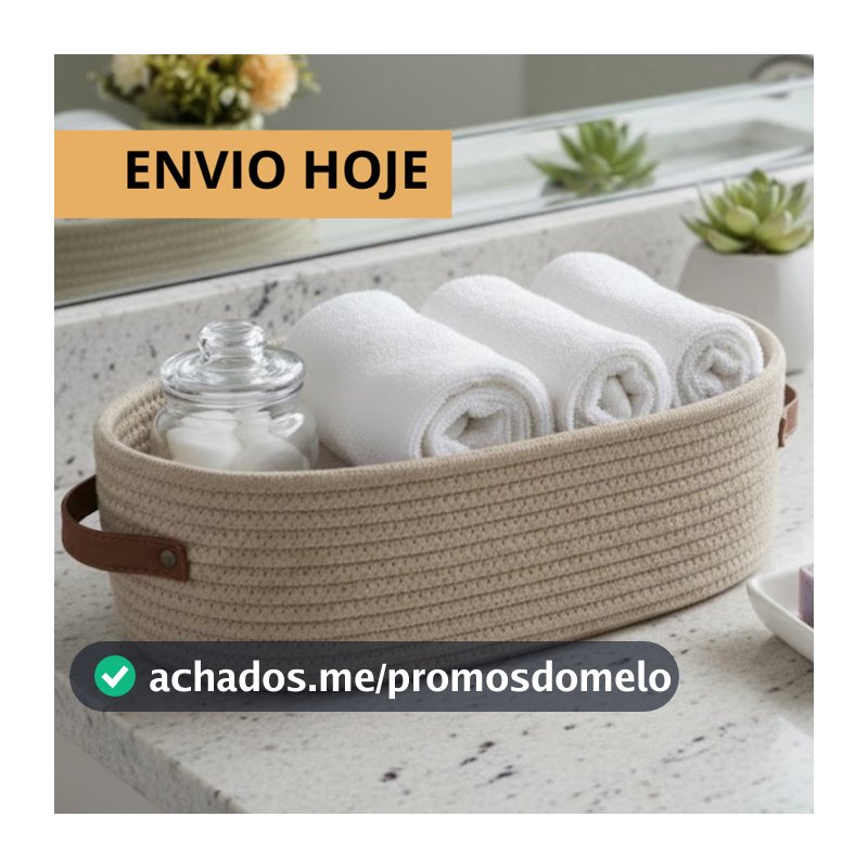 Cesto Organizador De Banheiro Algodão Trançado Alça De Couro Multiuso Porta Papel Toalha