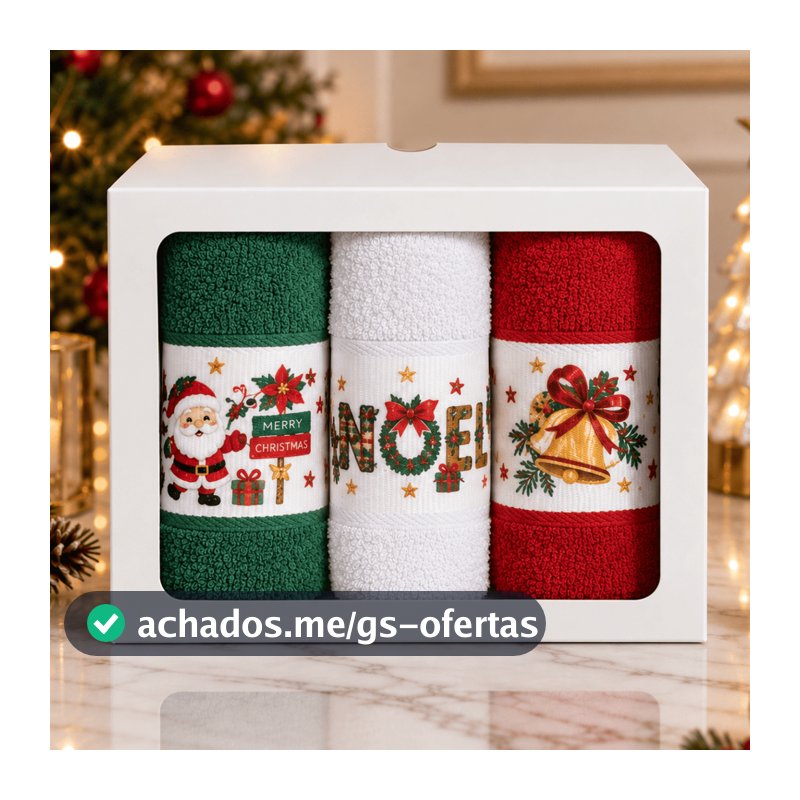 Kit 3 Toalha Lavabo Caixa Decoração Presente Natal 100% Algodão 26x47cm