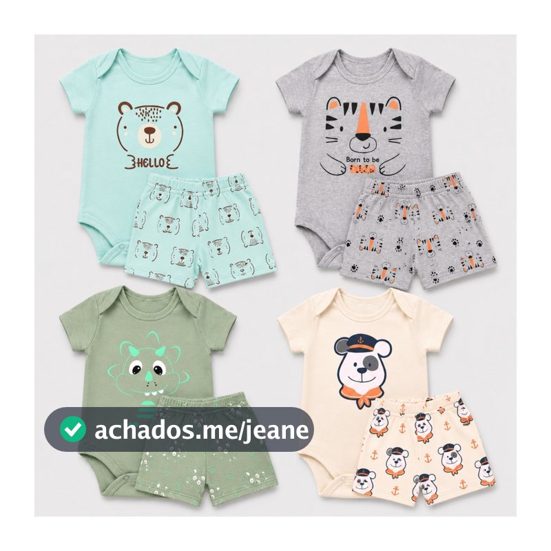 Kit 2 Conjuntos Body Bebê Menino Fofo + Short Tapa Fralda Estampas Sortidas RN ao GG Enxoval, maternidade