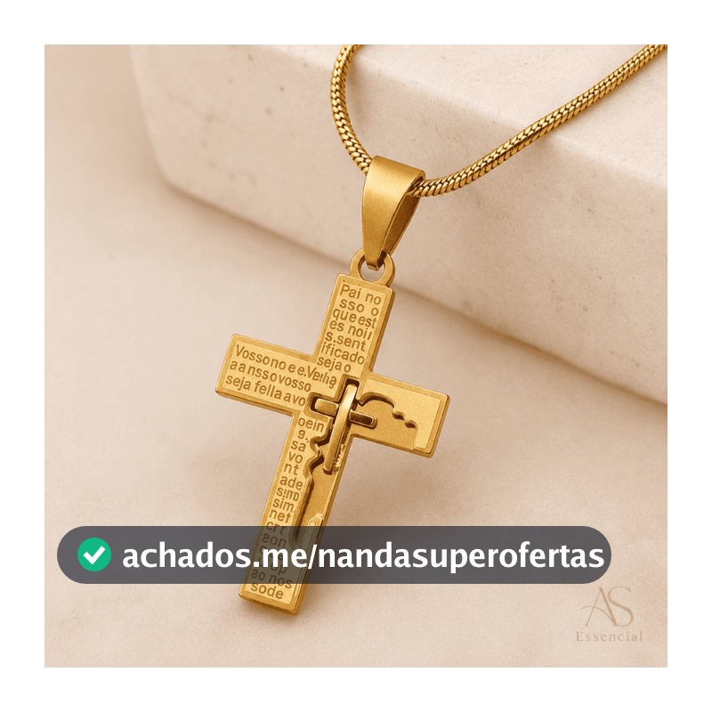 Colar Cruz com Pai Nosso em Aço Inox | Pingente Religioso Proteção Fé Masculino Feminino