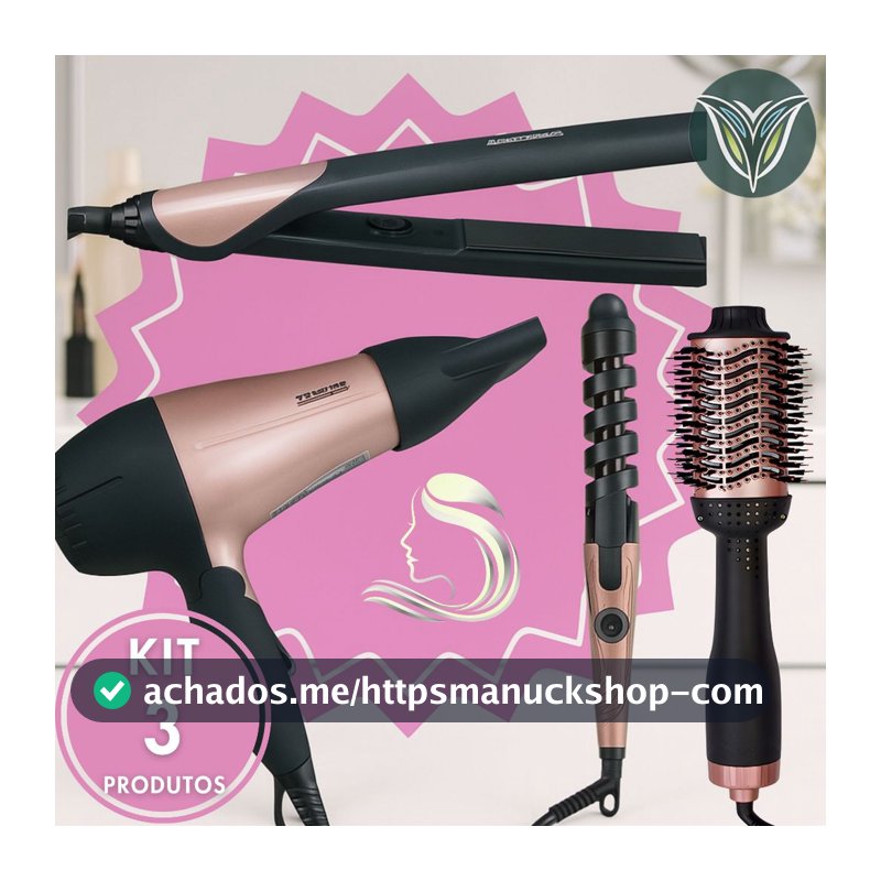 KIT 3 Escova Secadora + Secador de Cabelo Portátil + Modelador de Cachos + Chapinha Profissional Rosa Potente Qualidade