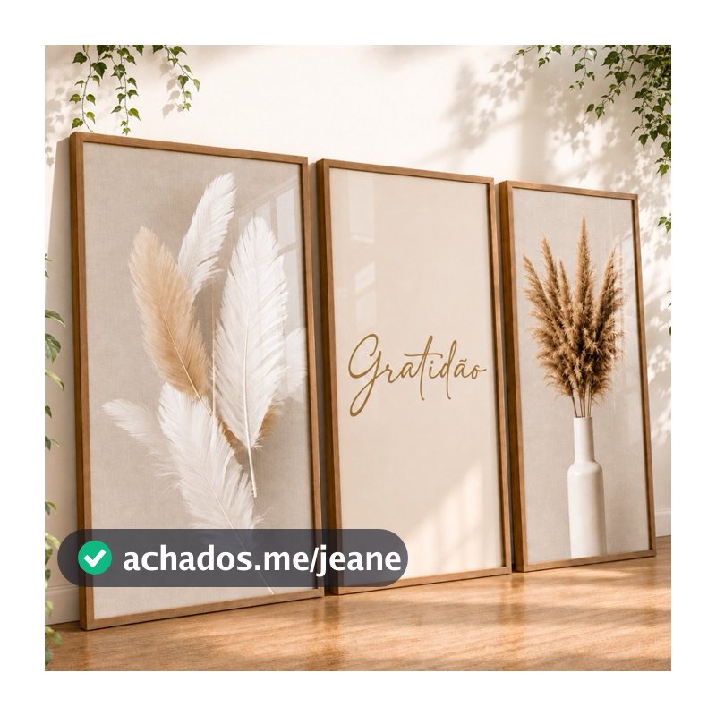 Quadro Decorativos Trio Gratidão Ramo de Trigo Prosperidade Branco Moderno para Sala Hall Escritório