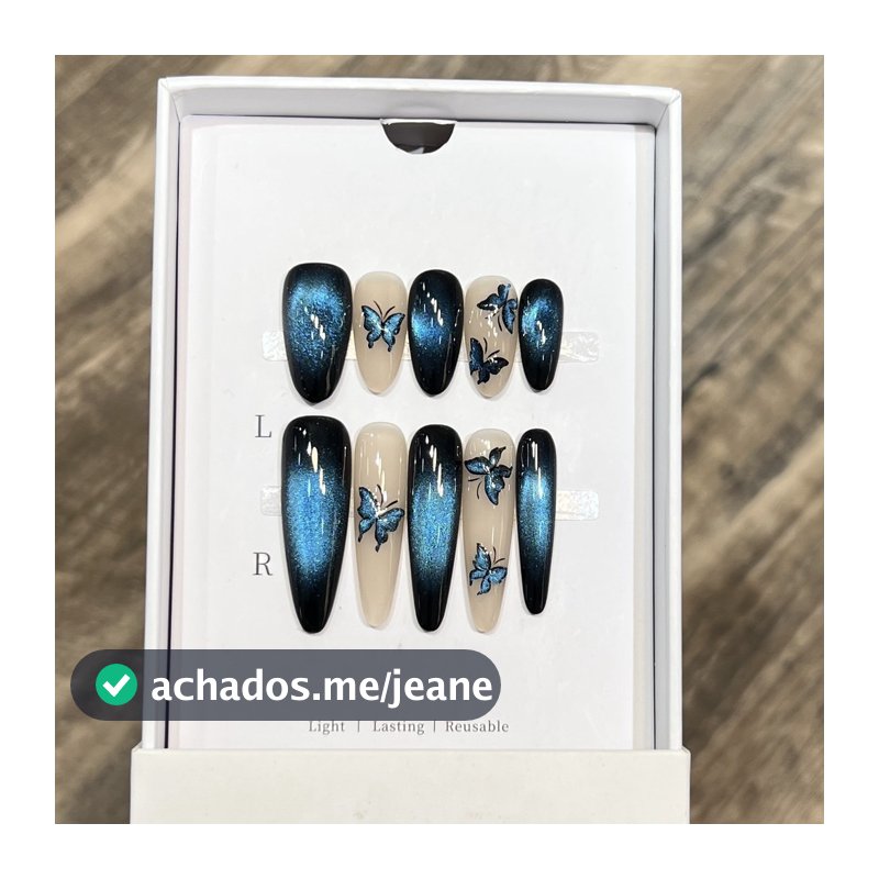 MYRAIN [FEITO À MÃO + Cola Grátis] Unhas Postiças de Pressão com Design de Borboleta, Miçangas de Vidro, Olho de Gato, F
