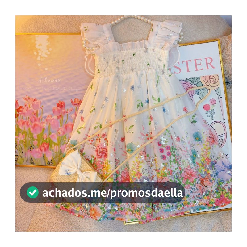 Vestido Infantil com Chapéu de Palha Estilo Princesa Floral Doce para o Verão