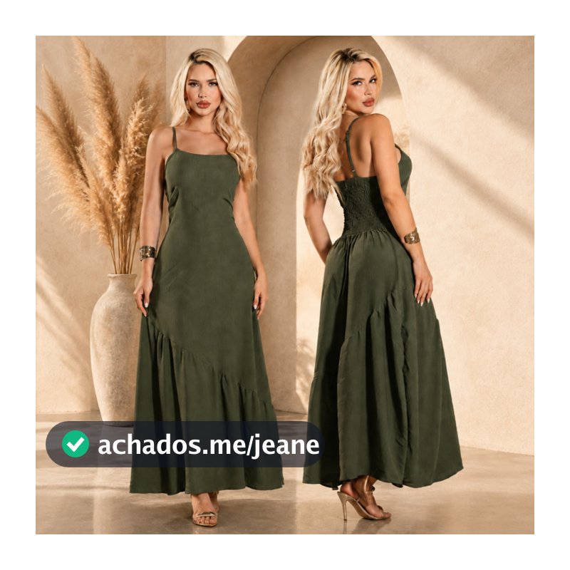 Vestido Longo Feminino com Alcinha Regulável Lastex nas Costas e Babado Assimétrico Moda Casual