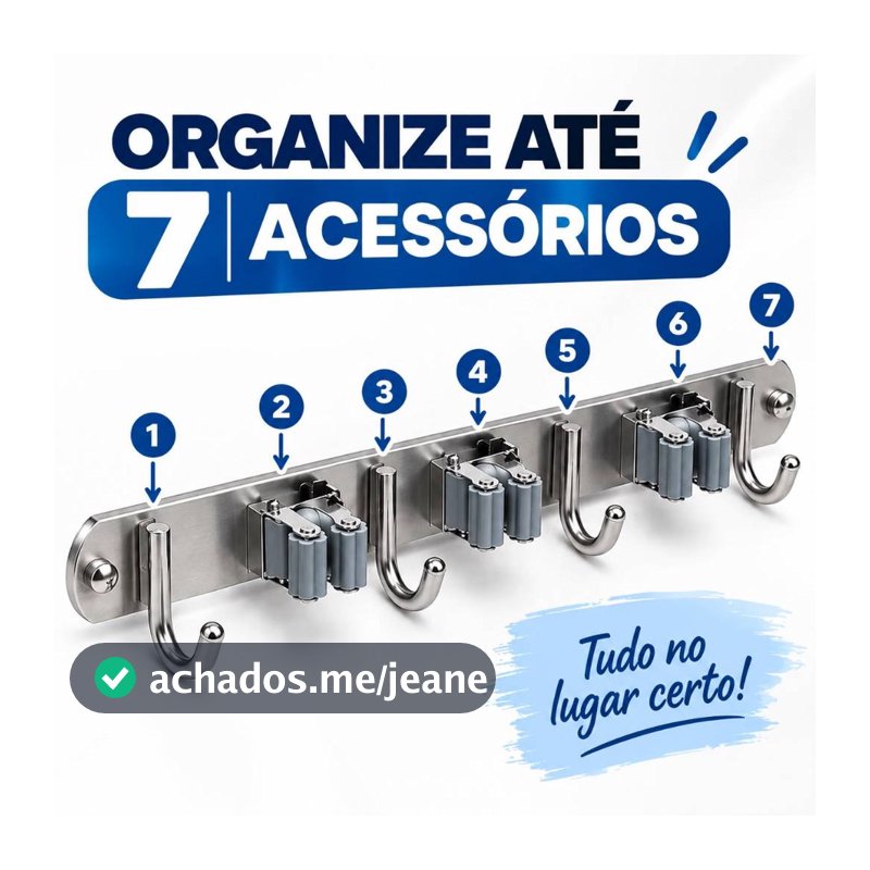 Suporte Inox de Parede para 7 Acessórios Multiuso Porta Rodo Gancho de Vassoura Organizador de Mop