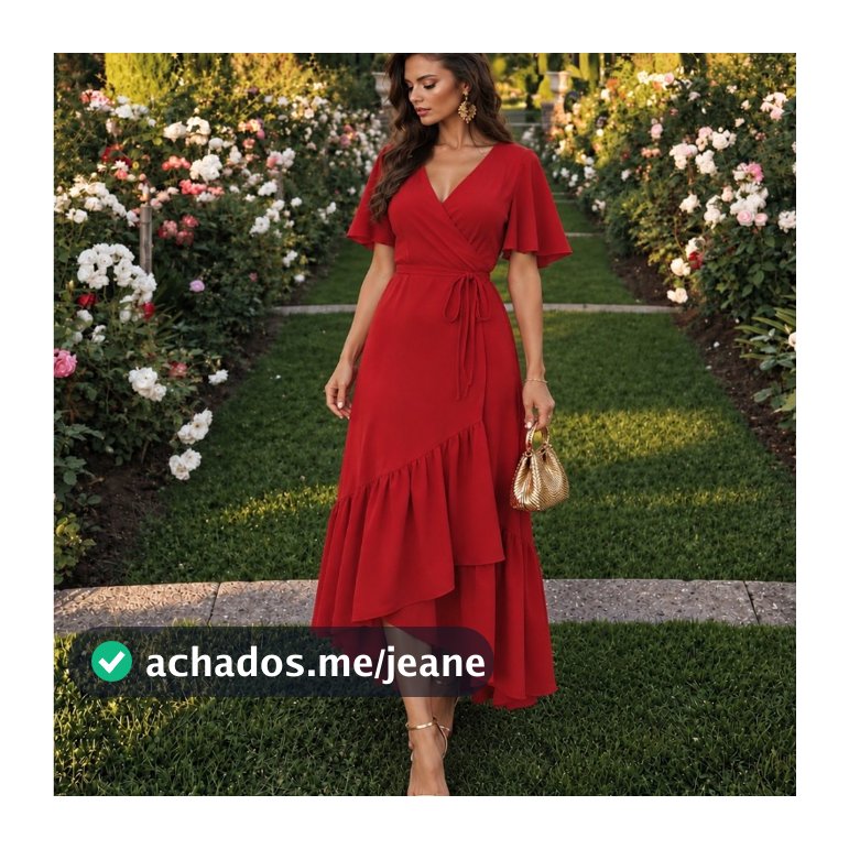 Vestido Feminino Em Duna Longo Saia Transpassada Envelope Manga Curta Decote V