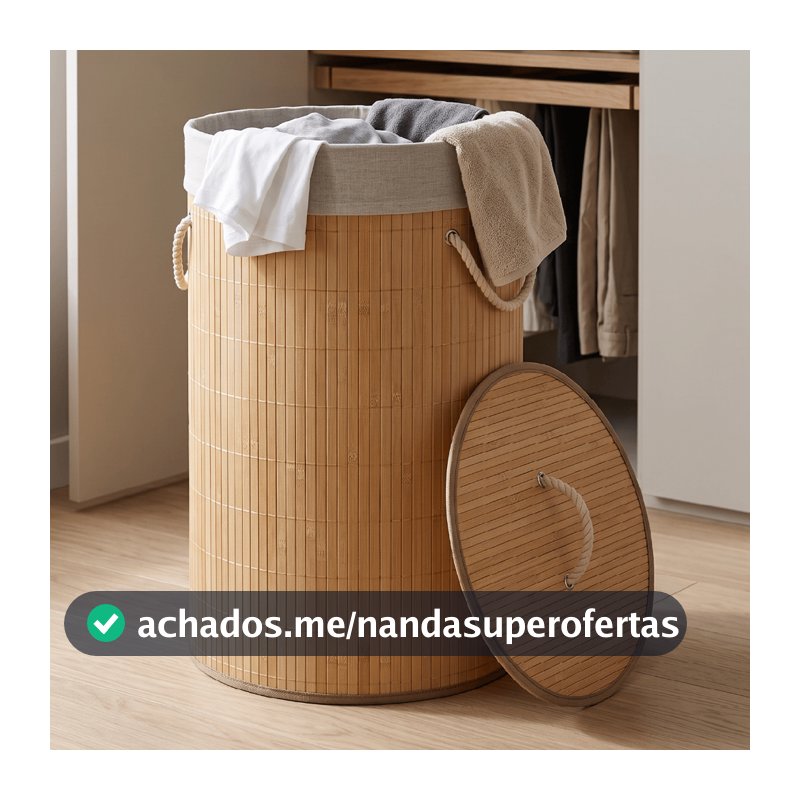 Cesto De Roupa Suja Bambu Dobrável Redondo 57L Grande Organizador Forrado Tampa Alças Banheiro Lavanderia Multiuso
