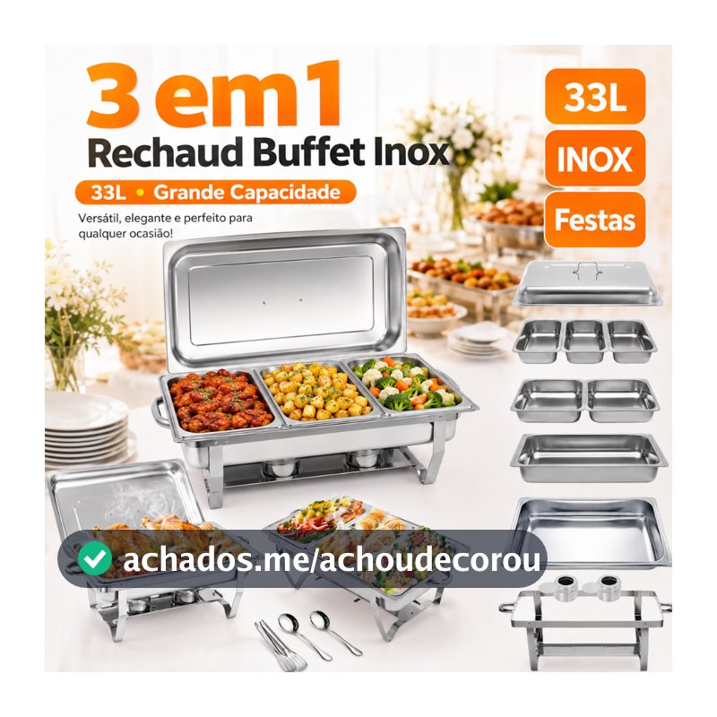 Rechaud Inox 33L p/ Buffets Grandes | Cozinha e Mantém Quente - Conjunto 3 em 1/ Festas a Restaurantes