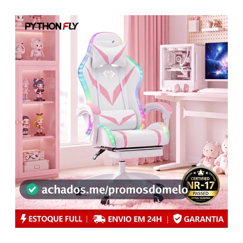 Cadeira Gamer Ergonômica Reclinável 135º Branca Rosa Com Luz LED RGB e Descanso De Pés