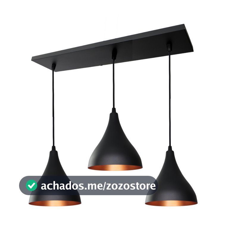 Pendente Lustre Gota Preto c/ Cobre Triplo na Canopla Retangular Teto/Sala/Cozinha Luminária