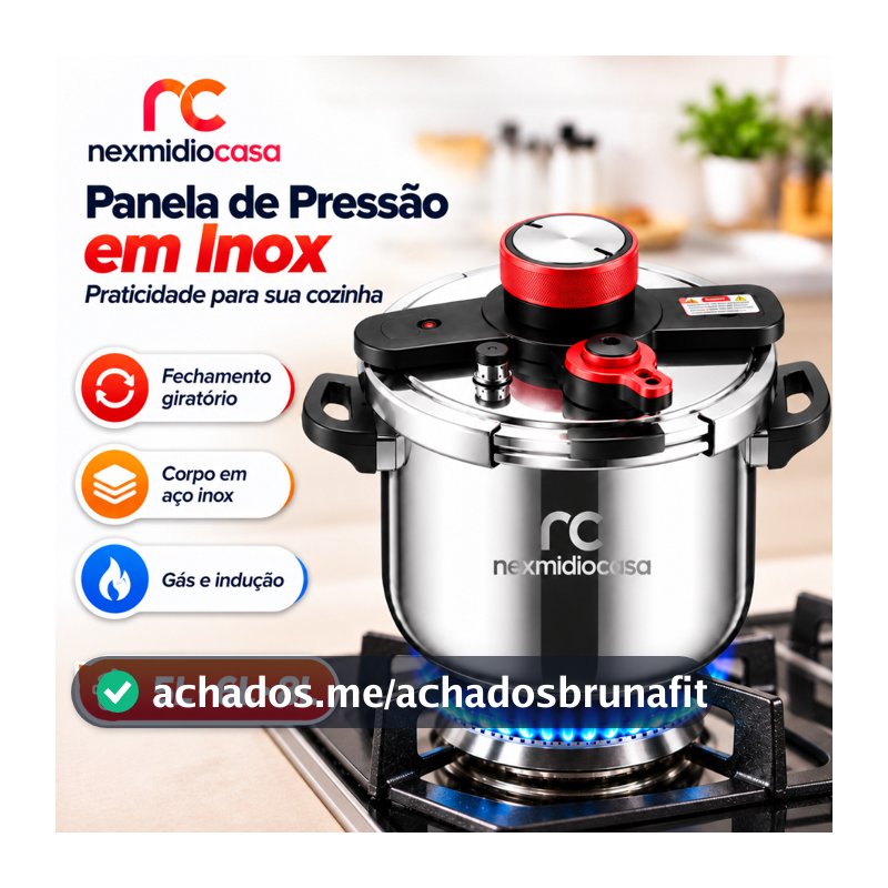 Panela de Pressão Inox 5L 6L 8L 100 kPa para Indução e Gás com Fechamento Giratório Nexmidiocasa