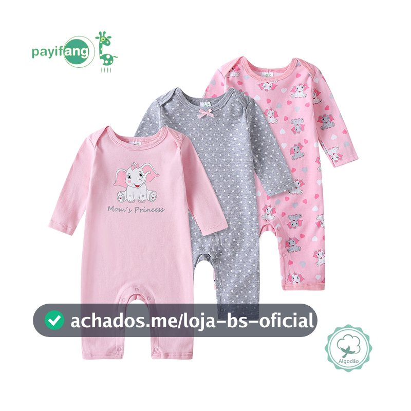 Kit 3 Macacão Bebê Menina Manga Longa 100% Algodão Temática Elefante Rosa Roupa Diária e de Dormir TM-3190