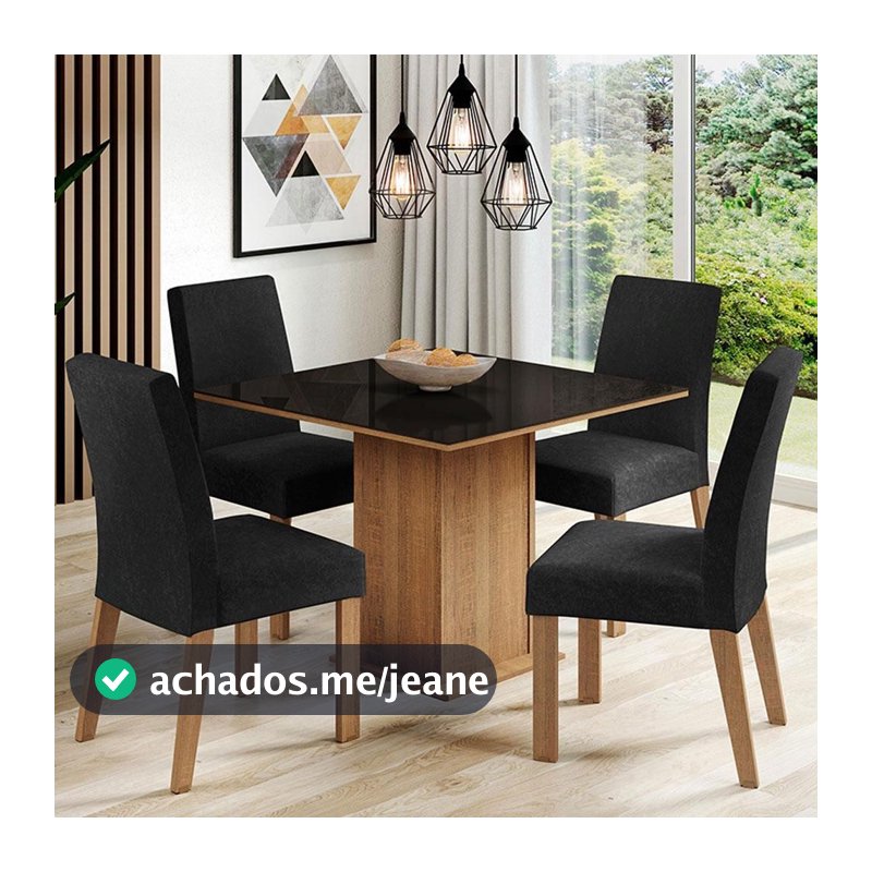Conjunto Sala de Jantar Mesa Tampo de Vidro 4 Cadeiras Rustic/Preto Oxford Evelin Madesa