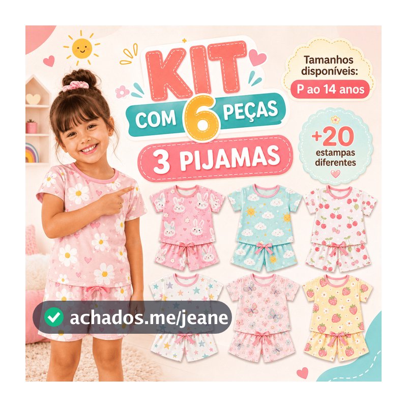 Kit 3 Pijamas Bebê Infantil Criança Menina Manga Curta Verão Calor Roupa de Dormir 6 Peças Estampas Sortidas Baby Doll