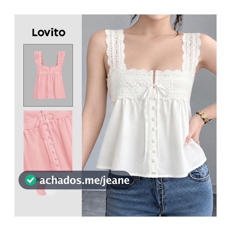 Lovito Férias Top Com Renda Lisa E Regata Verão/primavera Para Mulheres Bordado L100MD371