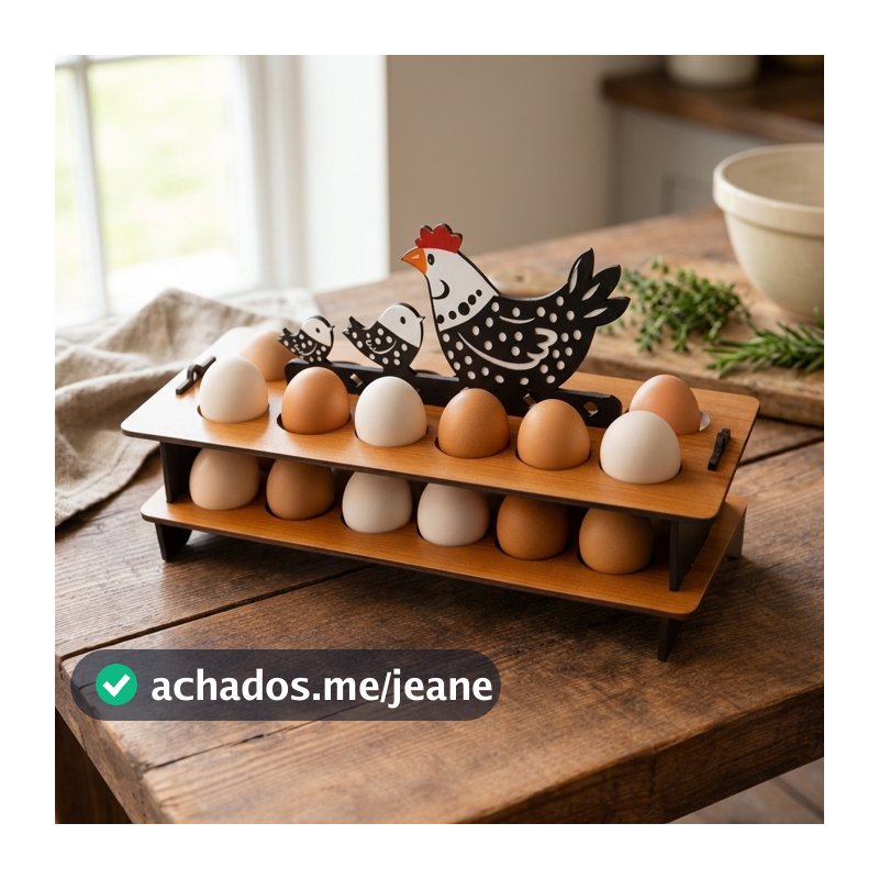 Suporte para Ovos em Madeira 2 Andares Decorativo Galinha – Organizador de Cozinha