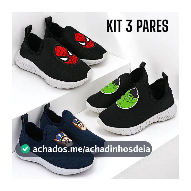 Kit 3 Pares Tênis Infantil Menino Personagens Calce Fácil Super Confortável – Uso Diário