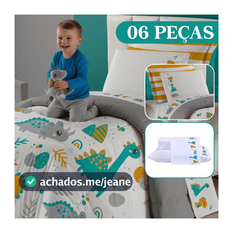 Kit Edredom Infantil 06 Peças Solteiro Dinossauro Macio Confortável + Jogo de Lençol Premium Moderno
