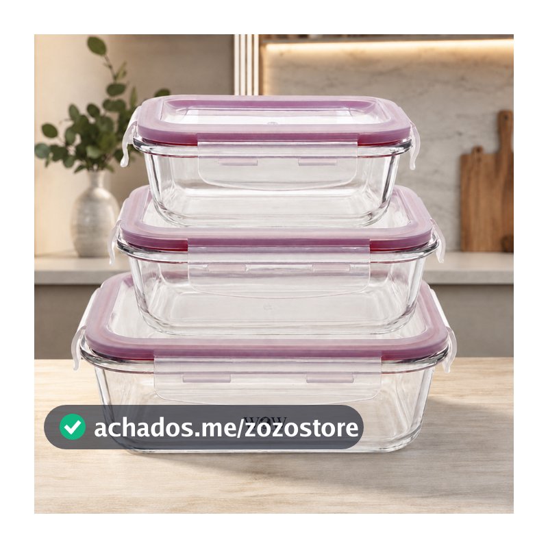 Kit 3 Potes De Vidro Herméticos com Trava para Alimentos Refratário