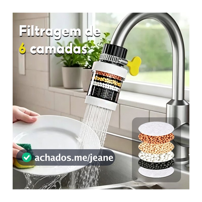 Interface universal para torneira, filtro de água de 6 camadas, removível e lavável, adequado para cozinhas e banheiros.