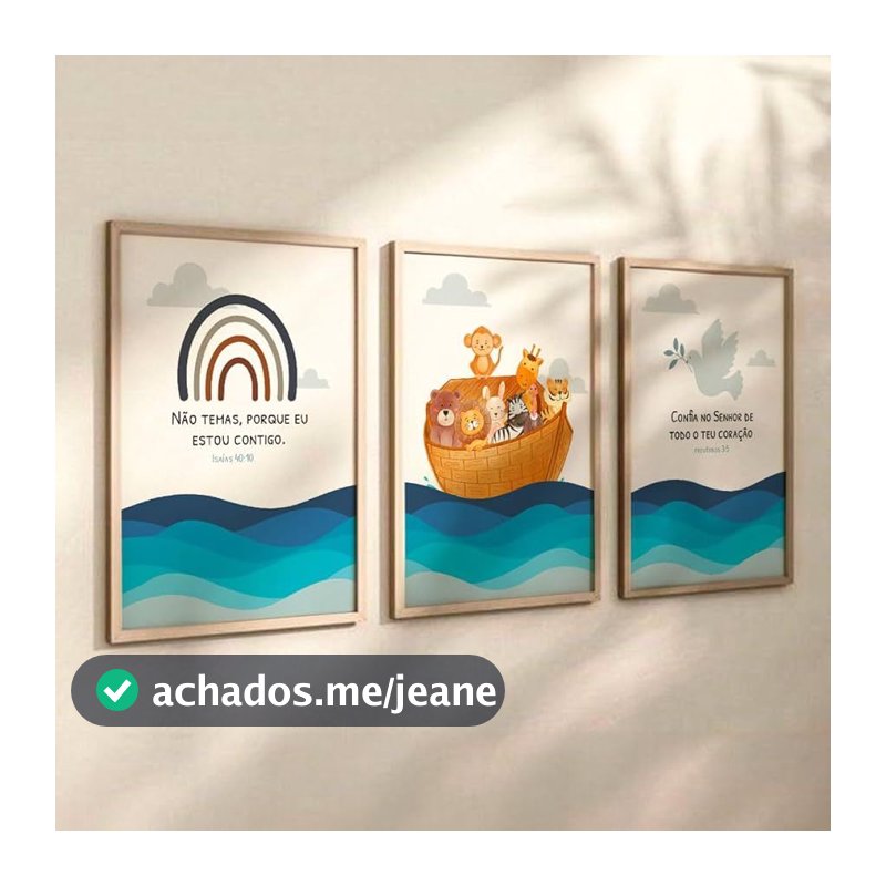Kit 3 peças Quadros decoração 20x30 MDF Arca de Noé Infantil Versículos Bíblicos Decoração Casa Hall