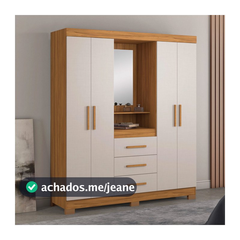Guarda-Roupa Casal 4 Portas 3 Gavetas para Quarto com Espelho Grande Freijo com Off White - MoveisAqui