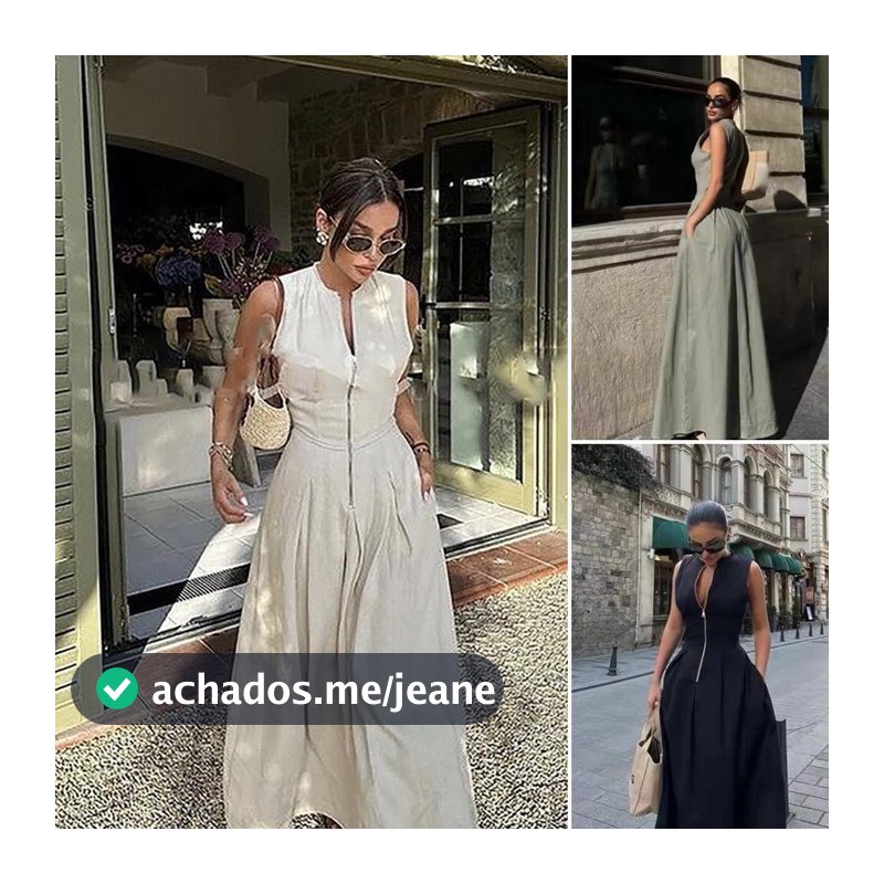 Mulheres Sem Mangas Gola Frontal Zip Maxi Vestido Plissado Cintura Bolso Elegante Casual