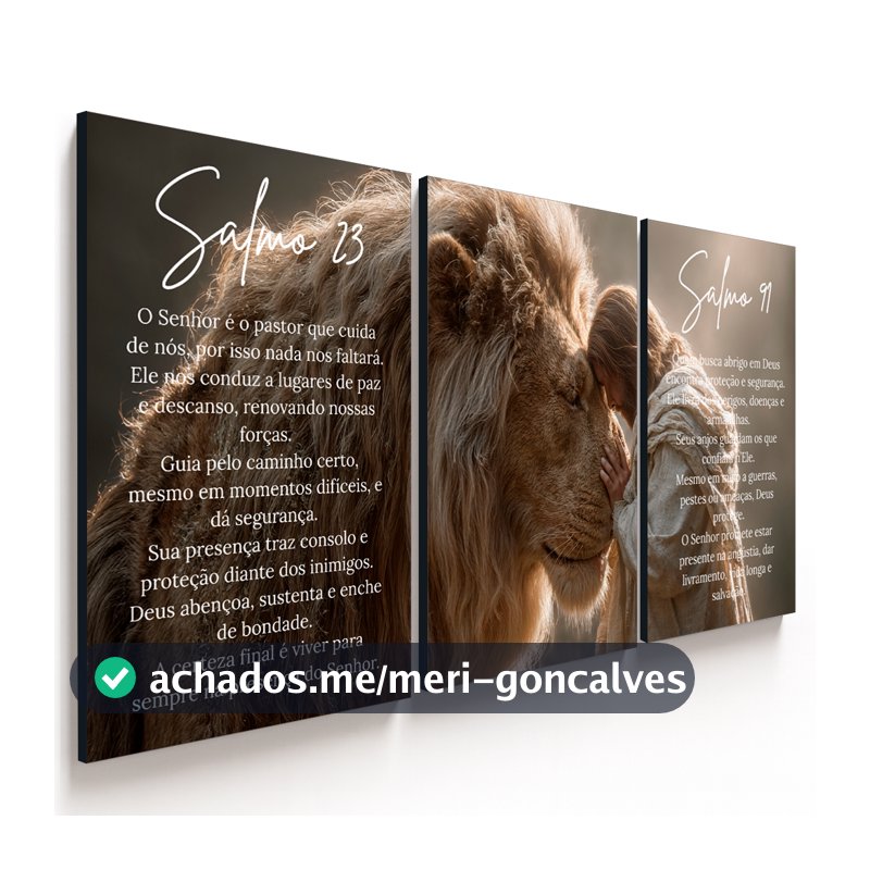 Kit 3 Quadro Leão Versículo Bíblico Salmo 23 e 91 Decoração Moderna Quarto Sala