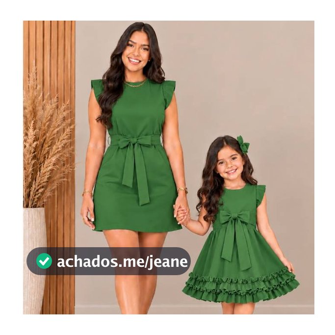Kit Mãe e Filha Vestido Algodão Verde Laço Tal Mãe Tal Filha Babado