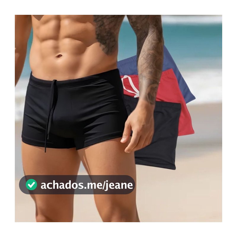 Sunga Boxer Masculina Forrada  Com Proteção UV+50 Cores Lisas Preta, Azul e Vermelha