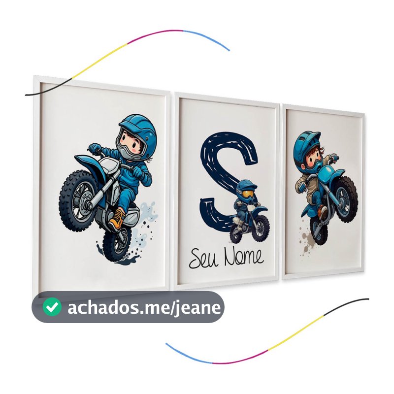Quadros Decorativos Infantis Motocross, Conjunto 3 Peças, Letra S Personalizável, Azul e Branco