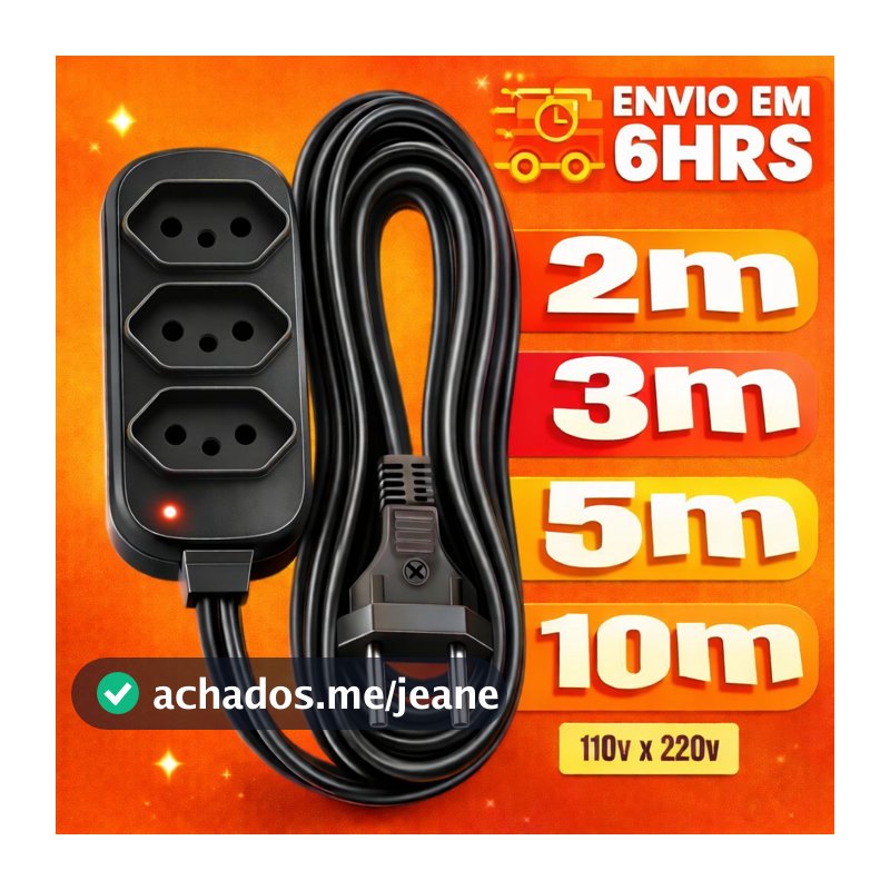 Extensão Elétrica 2, 3, 5, 10 (METROS) Bivolt - Tomadas Tripolares Preta