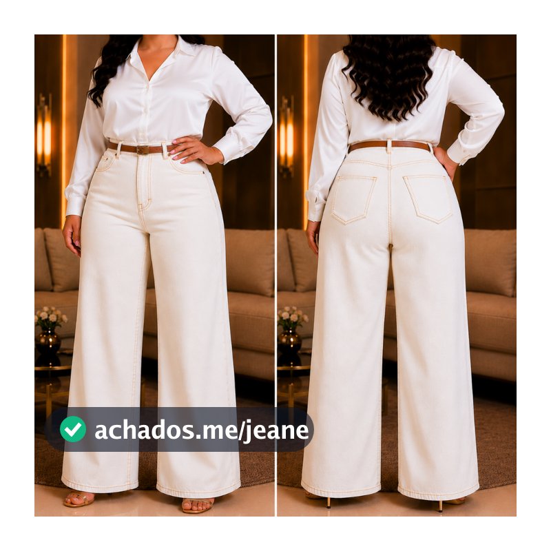 Calça Plus Size Wide Leg OffWhite com Cinto Cintura Alta Modeladora Pantalona de Shpping