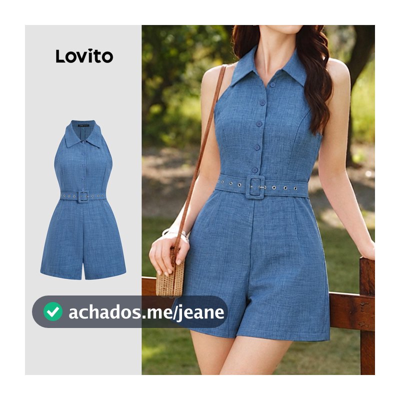 Lovito Macacão Casual Azul com Cinto e Botões para Primavera/verão para mulheres L195AD218