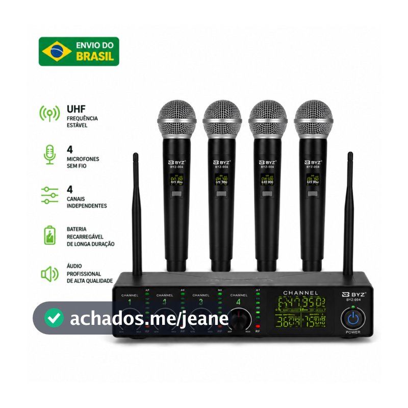 Kit 4 Microfones Sem Fio Vhf Com 4 Canais Hi Fi Series Pilhas Recarregal Byz D-mb-69