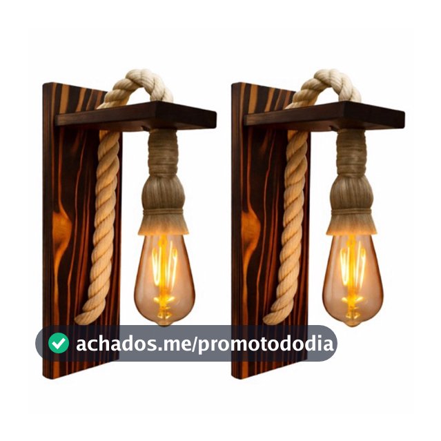 2 Arandelas de Parede Rústicas Retrô em Madeira e Corda Sisal