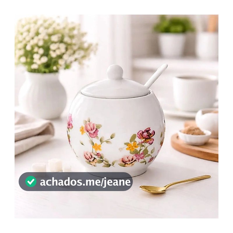 Açucareiro Porcelana Branco Floral Com Colher Le Jardin 350ml Hauskraft