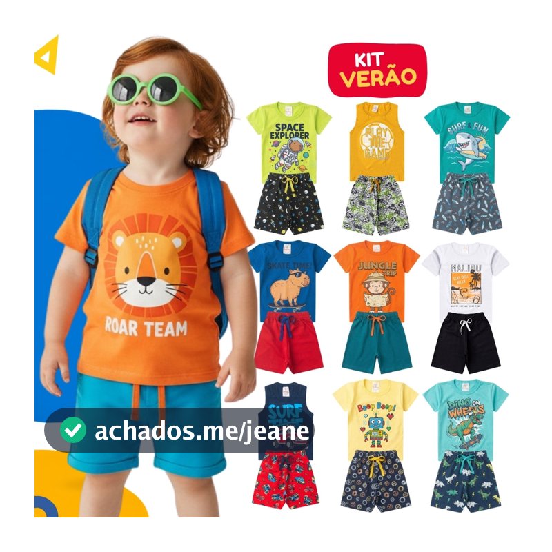 Kit 10 Peças de Roupa Infantil Menino Verão Algodão 5 Camisetas + 5 Bermudas 1 ao 14