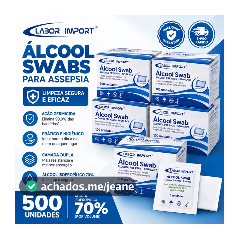 KIT Alcool Swab Isopropílico 70% Labor 500 Unidades Lenço Para Assepsia Sachê Dupla Camada Profissional