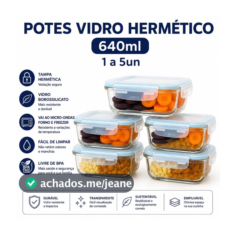 Kit 1 a 5 Potes Vidro Hermetico 640ml Marmita Armazenamento Mantimento Organizador Tampa 4 Travas