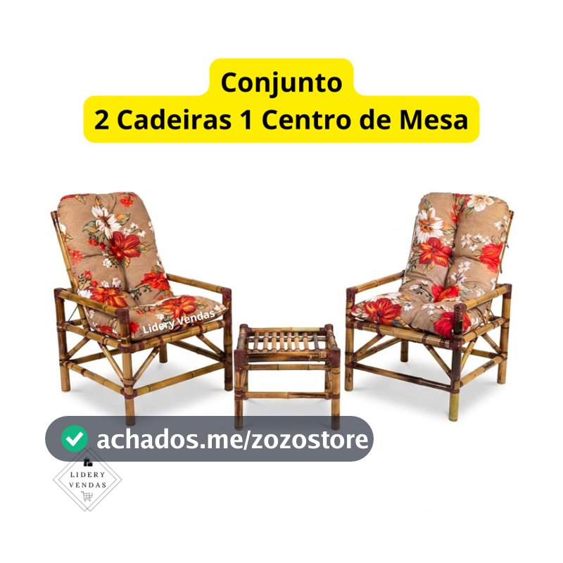 Jogo de Cadeiras e mesa de Bambu com almofadas 3 unidades Sofá Cadeira de Descanso Área externa Sitio Poltrona Lazer