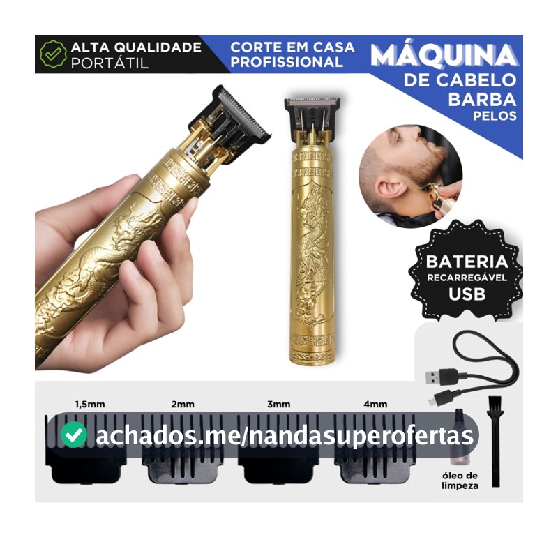 Máquina Cortar Cabelo Barba Profissional Sem Fio Recarregável USB Trimmer 4 Pentes Lâmina Inox